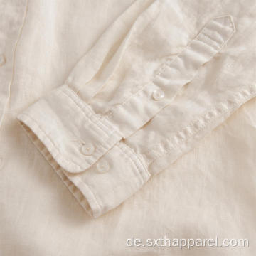 Damen Langarm Top Bluse Weißes Leinenhemd